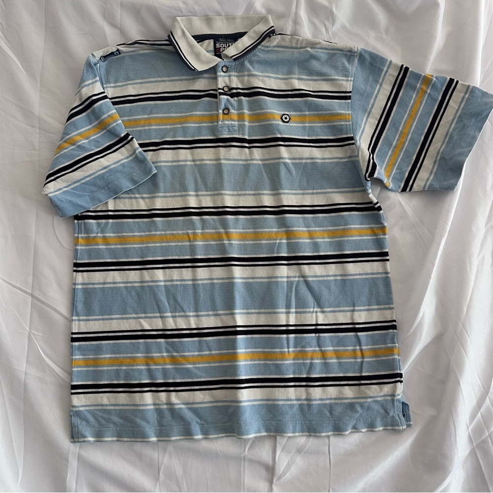 Size XL: 2000s x Southpole Striped Polo x Baby Blue White Yellow x Y2K